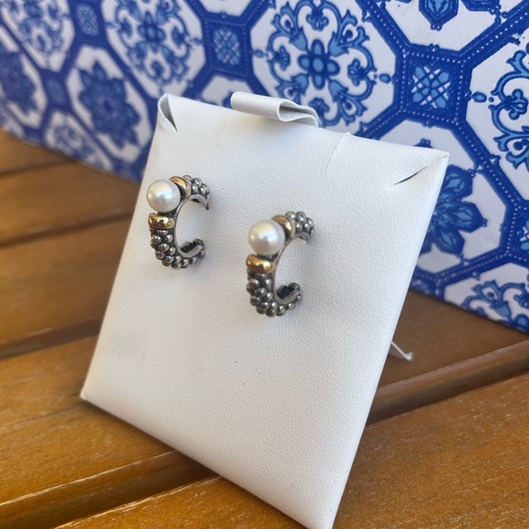 LAGOS 'Caviar' Two Tone Pearl Hoop Earrings - Picture 2 of 4